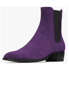 FOWT Purple Men Fashion Round Toe Block Low Heel Stretchy Pull On Ankle Boots